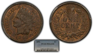 1892 1c Indian Head Small Cent - Tons of Red - PCGS MS 64 RB - SKU-B1607 - Picture 1 of 9