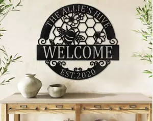 Personalized Welcome Bee Garden Yard Home Name Metal Wall Decor Sign Black - Picture 1 of 2