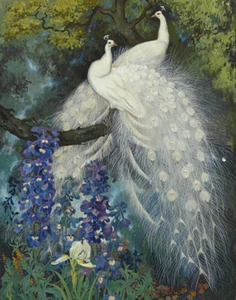 Jessie Arms Botke Pavos reales blancos y lona azul Delphinium 16 x 20 - Imagen 1 de 4