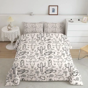 Western Cowboy Kids Comforter Set Queen Size,Cow Skull Horseshoe Cactus Rustic B - Picture 1 of 6