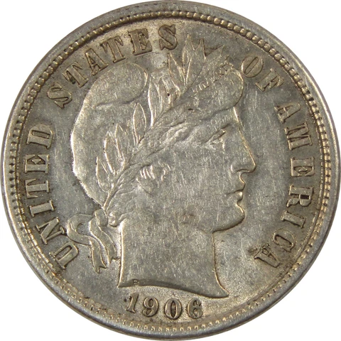 1906 Barber Dime AU About Uncirculated 90% Silver 10c Coin SKU:I8361 Cover