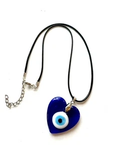 HEART GLASS Evil Eye 🧿 GENUINE HANDMADE Turkish Greek Pendant String Necklace - Picture 1 of 9