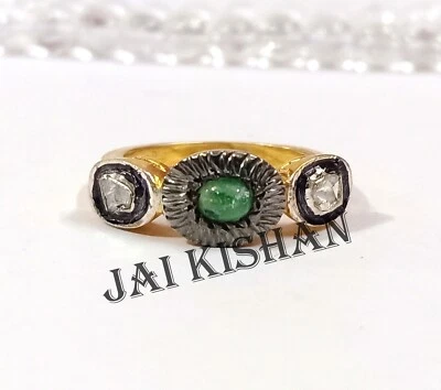 Elegant Smaragd Edelstein Polki Uncut Diamant 925 Sterling Silber Vintage Ringe - Bild 1 von 4