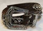 Ladies black leather belt with clear rhinestones, studs & Fleur De Lis M/L
