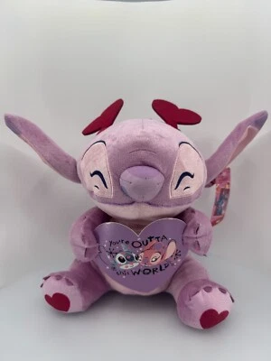Disney Stitch Angel Valentines 长毛绒带心形 10 英寸填充动物粉色 — 第 1/4 张图片