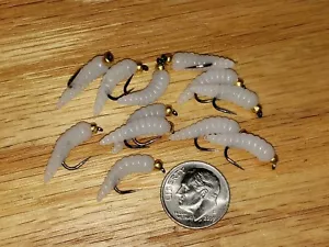12 - #10 GLD BH Rubber Grub Maggot Worm White Wet Fly Trout, Crappie, Panfish - Picture 1 of 1