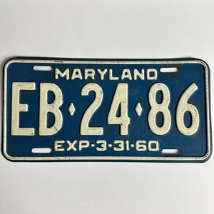Vintage Maryland EB•24•86 License Plate Tag EXP 3-31-60 1960 Blue White - Picture 1 of 2