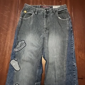 Vintage 00s Y2K Skater Wide Leg Jeans By SOURCE Embroidered Baggy Denim Shoes 36 - Picture 1 of 14