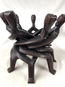 Vintage siebenköpfige Statue Afrikanische Einheit, 18x17 Holzfiguren Schnitzerei Tischfuß - Bild 1 von 10
