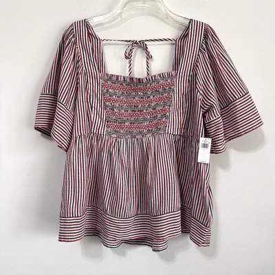 Antiguo Top Columpio Babydoll Azul Marino L Calado Manga Corta Rojo Blanco Azul Rayas NUEVO Foto 1 de 4