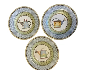 1999 Debbie Mumm Sakura "Watering Cans" 3 Salad Dessert Plates Decor EUC Vtg - Picture 1 of 9