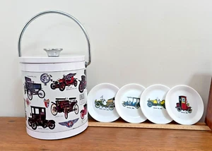 Vintage 60s/70s Metal Ice Bucket+Lid. Plastic Liner. Antique Cars, plus coasters - Picture 1 of 16