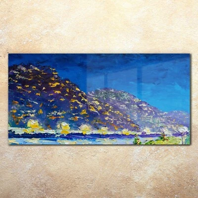 Wandbilder Glasbild Druck auf Glas 140x70 Nacht Stadtlandschaft Dorf Berge Ufer - Bild 1 von 4