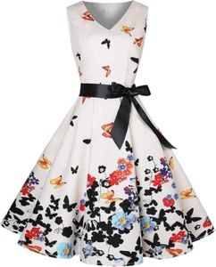 Pinup Retro Vintage 1950s Butterfly Floral Print Tea Dress with Belt SIZE L NWT - Picture 1 of 16