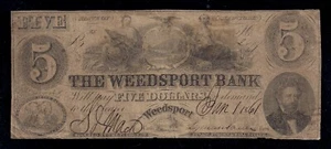 Weedsport, New York, 5,00 $, 1861 veraltete Banknote, The Weedsport Bank, gut! - Bild 1 von 2