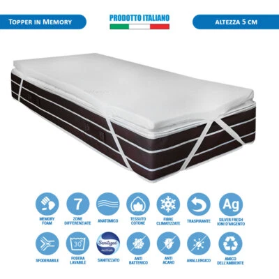 Topper memory foam sfoderabile alto 5 cm fodera Silver per materasso singolo - Immagine 1 di 4