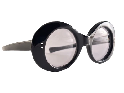 ÓCULOS DE SOL VINTAGE AMERICANO ÓPTICO "RACY" MEADOS DO SÉCULO REDONDO PRETO DÉCADA DE 1960 EUA - Imagem 1 de 4