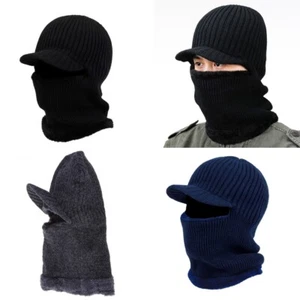Men Winter Knitted Balaclava Beanie Hat with Visor Plush Lining Neck Warmer - Picture 1 of 10