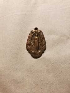 Vintage Catholic Miraculous Mary Silver Tone Religious Medal 3/4" Long