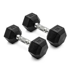 Barbell, 15lb Coated Rubber Hex Dumbbell, Pair - Picture 1 of 4