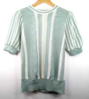 Top tejido vintage años 70 mujer verde blanco a rayas manga abullonada talla 8 10 retro Foto 1 de 4