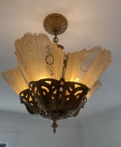 ANTIQUE VINTAGE ART DECO LIGHT FIXTURE CHANDELIER SLIP SHADE Consolidated Glass - Picture 1 of 19