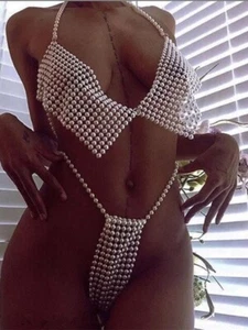 Sexy Pearl Lingerie, Pearl Beaded Bra With Pearl Thong Panty, all colors - Picture 1 of 12
