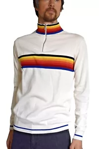 Mens Retro Cycling Jumper White vtg 60s 70s 80s indie Hippie Mod Striped Jersey - Picture 1 of 7