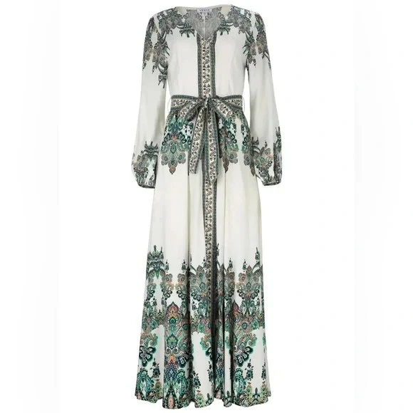 Maxi Vestido VENUS The Tie Waist Lino Multicolor Cuello en V (Falta Cinturón) Talla 10 Foto 1 de 4