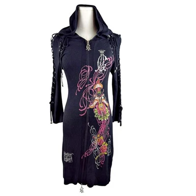 VTG Christian Audigier Ed Hardy Rhinestone Sexy Lace Up Hooded Knit Zip Up Dress - Image 1 of 4