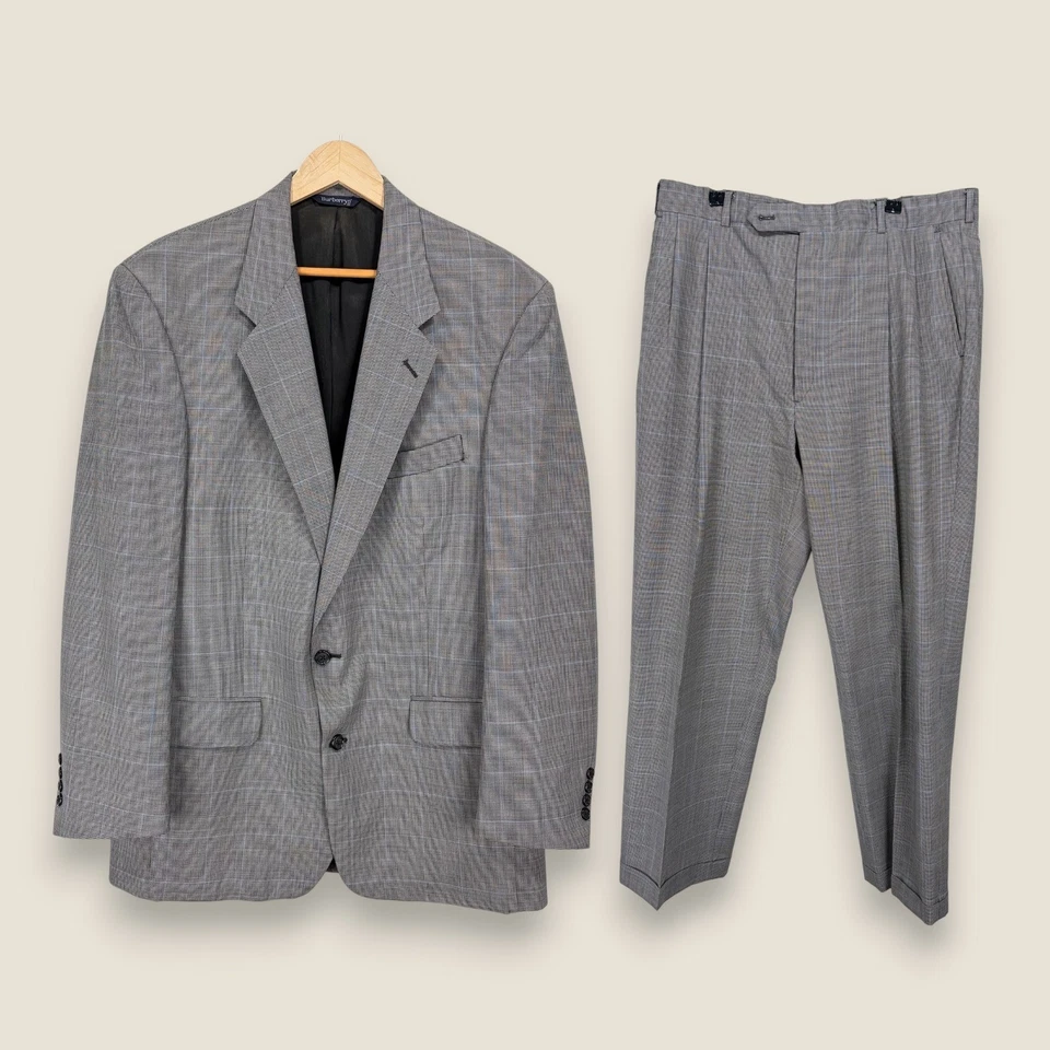 De Colección Burberry 2 Piezas Traje Hombres 44R Gris Cuadros Super 100s Lana Puños Pantalones 36x30 Foto 1 de 4