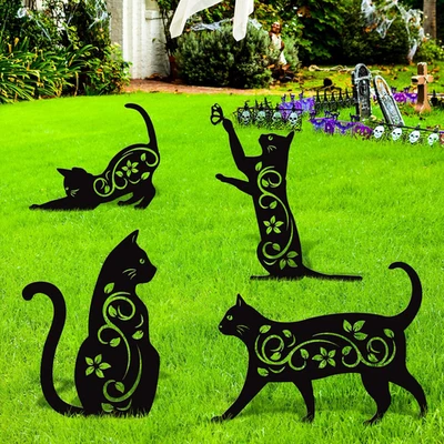 4 Pack Black Cat Silhouette Cute Metal Cat Garden Statues  Repellent Decorative  - Image 1 of 4