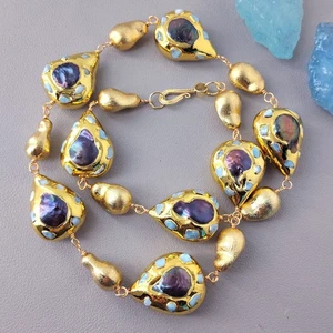 Cultured Black Pearl Larimar Brushed Beads Choker Necklace Jewelry For Women - Picture 1 of 6