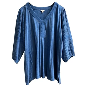 Pure Jill Top Women 2X Blue Cotton Textured Balloon Sleeve Boho Beachy Lagenlook - Picture 1 of 8
