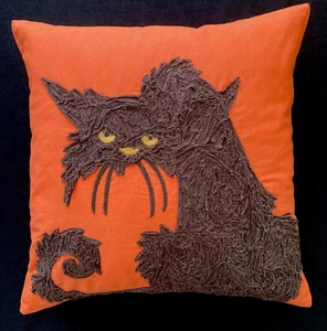 Pier 1 Halloween schwarze Katze orange Kissen 18" x 18" bräunlich schwarz grungy Look - Bild 1 von 5