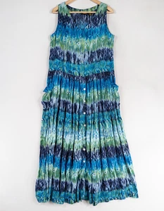 Maxi Vestido Bila Pequeño Azul Verde Geométrico Rayas Rayón Boho Festival Costero - Imagen 1 de 7