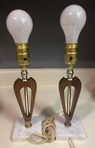Vintage Set Of 2 Mid Century Modern Marble Teak Wood Teardrop Table Lamps 12” - Picture 1 of 8