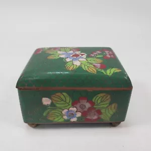 Antique Chinese Cloisonne Enamel Green Jewelry/Trinket Box Floral Pattern - Picture 1 of 8