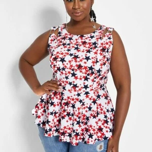 Ashley Stewart STAR PRINT PEPLUM Blouse Top Patriotic American - Picture 1 of 3