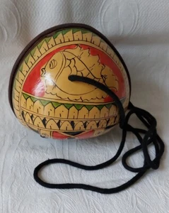 Vintage Hand Painted Coconut Handbag, Shoulder Bag Fish & Geometric Design Boho - Picture 1 of 24