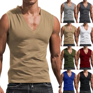 Men's V Neck Solid Tank Vset Tops Summer Sports Muscle Sleeveless Tee T-Shirt US - Picture 1 of 16