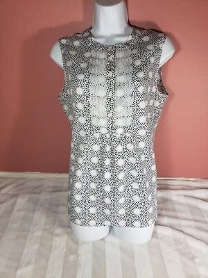Top sin mangas J Crew blanco negro lunares volantes altos cuello botón transparente talla 8 Foto 1 de 4