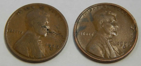 Lot of 2 - Mint Error - Planchet Defects - 1929-S & 1929-D Lincoln Wheat Cents Cover