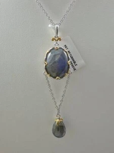 Gems en Vogue Labradorite Dangling Teardrop Pendant Sterling Palladium 18K GP - - Picture 1 of 7