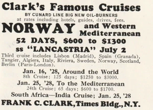 3 x 2 1/2 " printed ad 1927 Clark’s Famous Cruises Norway & Mediterranean, N.Y. - Picture 1 of 6