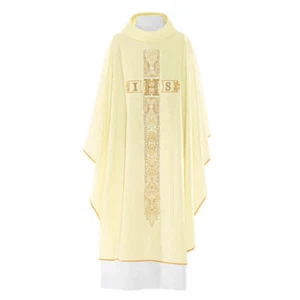 White Embroidered Priest Chasuble Vestment & Stole With JHS & Cross Symbol - Picture 1 of 3