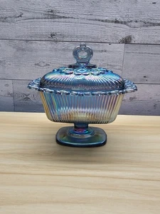 IRIDESCENT BLUE WINDSOR CARNIVAL GLASS FOOTED PEDESTAL CANDY DISH - INDIANA - Picture 1 of 9
