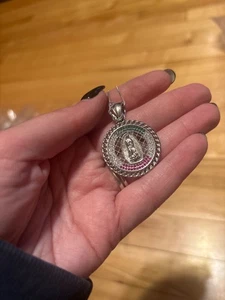 925 Solid Sterling Silver Cubic Zirconia Virgin Mary Necklace - Picture 1 of 4