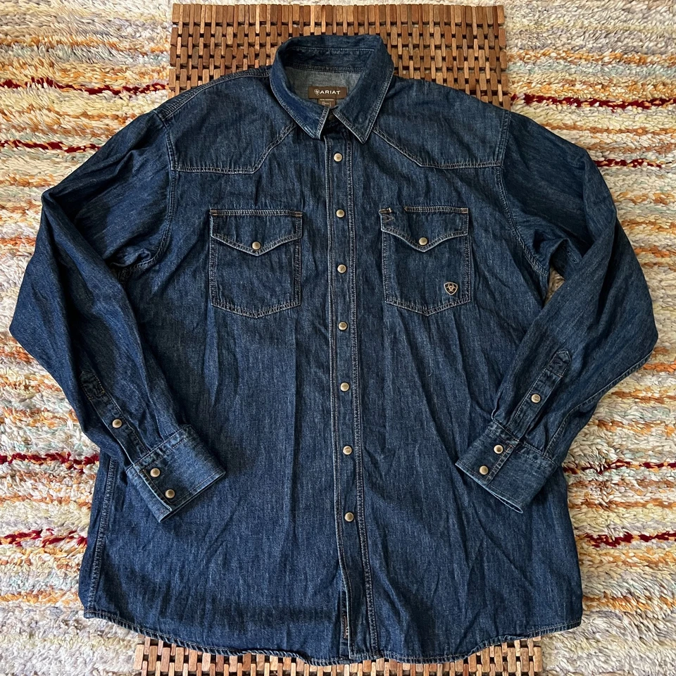 Camisa Ariat Denim Pesada Abotonada A Presión Azul Para Hombre Talla Grande L Foto 1 de 3