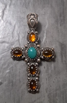 Colgante potenciador cruz ámbar y turquesa esterlina oeste americano Carolyn Pollack Foto 1 de 3